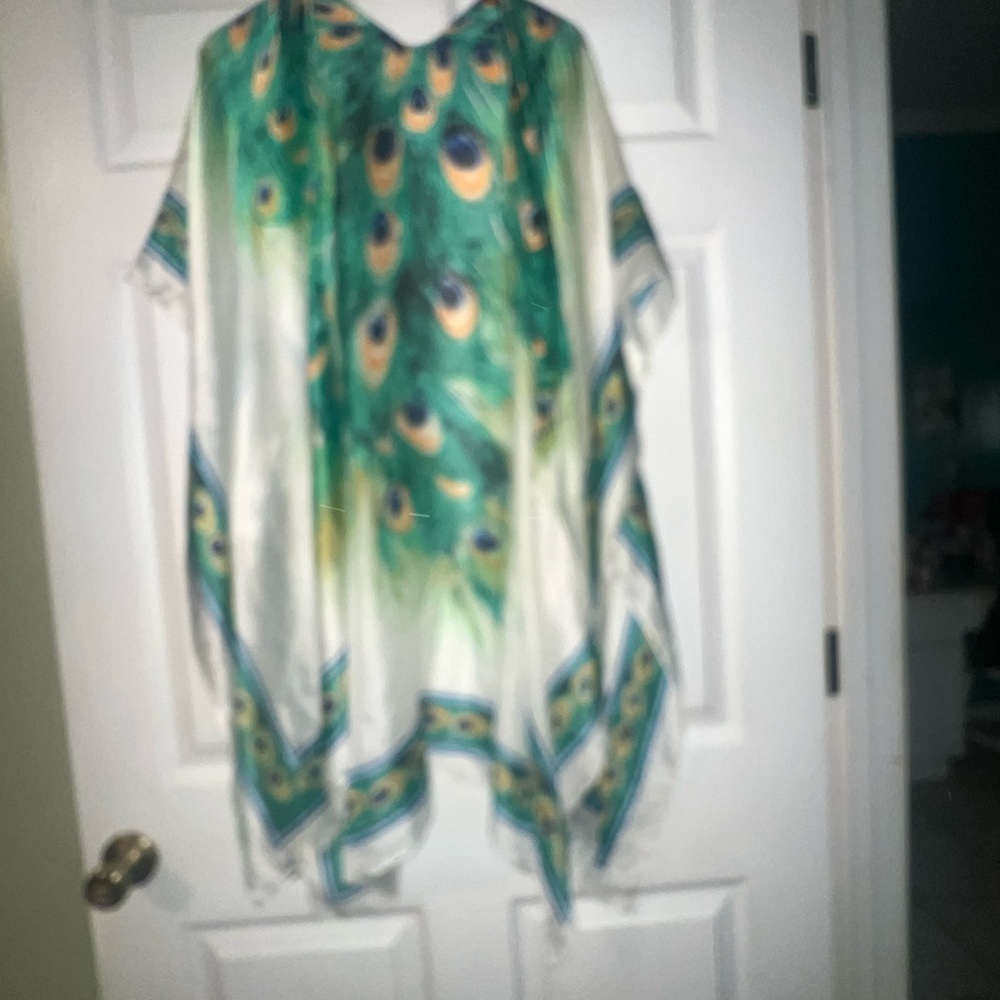 Kohl's White Swim Coverup with Green and Yellow Peacock Print - Picture 2 of 2